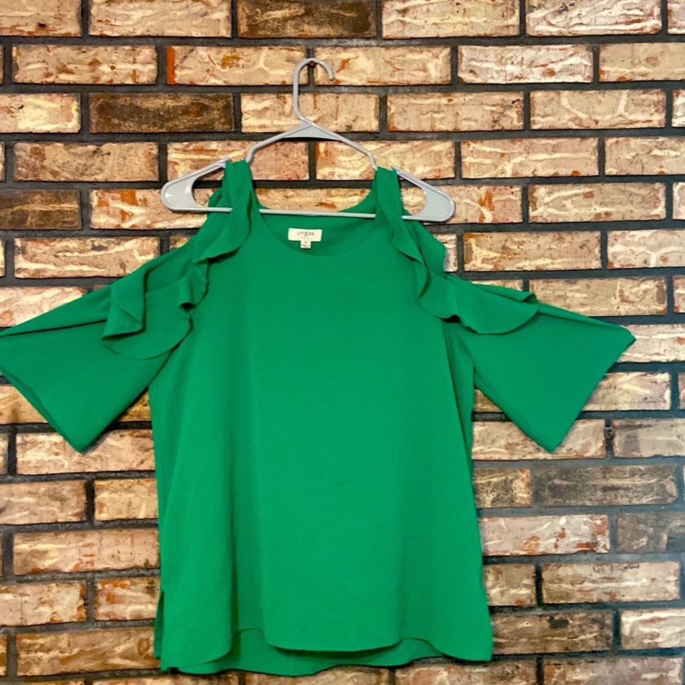 Kelly Green ruffled cold shoulder Umgee Shirt - Picture 2 of 4